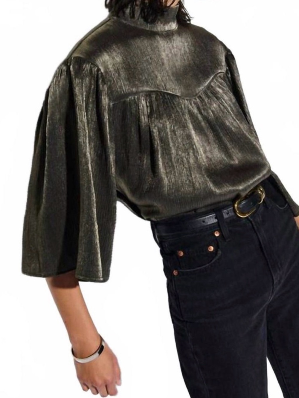 Nation LTD Olive Metallic High-Neck Puff-Sleeen Blouse